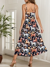 preiswerte Tiere Kleider-Kentucky Derby Damen Midikleid Sommerkleid A Linie Kleid Unterkleid Elegant Urlaub Lässig Urlaub Täglich Strand Normale Passform Blumen Grafik Tiermotiv Ärmellos V Ausschnitt Orange Sommer Frühling