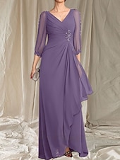 economico Lunghezza del pavimento-Linea ad A Abito da cerimonia per signora Ospite di nozze Elegante Scollo a V Lunghezza al pavimento Chiffon Manica 3/4 con Perline Arricciatura 2025