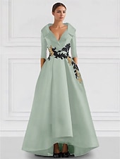 preiswerte SCHWARZ-Schwarzes A-Linie Abendkleid Vintage Gesticktes Elegantes Kleid Smokingkleid Formal Bodenlang Langarm V-Ausschnitt Tasche Satin mit Perlenapplikationen
