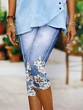 billiga Blå 3D-utskrift-Damernas leggings capribyxor med hög elasticitet semester mode hawaiianska vadlängd midjehöjd blommig grafisk tryck andningsbar mjuk semester avslappnad daglig sjöblå sommar vår normal passform