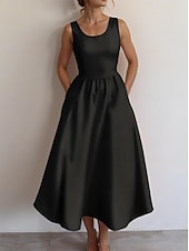 abordables Robe Simple-Femmes Robe Midi Robe d&#039;Été Robe trapèze Robe à épaules dénudées Vacances Occasionnel Sortir Coupe régulière Couleur Unie Graphique Uni Sans manches Col en U Noir Blanche Vin Bleu Océan Été