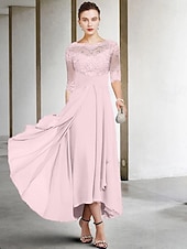 voordelige Vloerlengte-A-Lijn Moeder van de Bruid Jurk Bruidsgast Elegant Plus Size Hoog Laag V-Hals Asymmetrisch Enkel Lengte Chiffon Kant Halve Mouw met Beading Applicaties gratis maatwerk