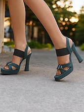 economico Sandali Eleganti-sandali con tacco a blocco e plateau verde per donna – scarpe aperte in pelle scamosciata per feste e appuntamenti estivi
