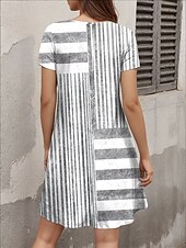 preiswerte Streifen- und geometrisches Kleid-Damen Mini-Kleid Shift Kleid Freizeit Täglich Reguläre Passform Grafik Streifen Kurzarm Eingekerbter Ausschnitt Rosa Blau Grau Sommer Frühling