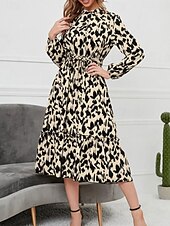 preiswerte Kunst &amp; Design Kleid-Damen Midi-Kleid A-Linie Kleid Fit And Flare Kleid Urlaub Lässig Alltag Reguläre Passform Grafisch Langarm Hemdkragen Schwarz Sommer