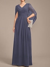 preiswerte Bodenlänge-A-Linie Brautmutterkleid Hochzeitsgast Elegant V Ausschnitt Bodenlang Chiffon Kurzarm mit Falten Raffung 2025
