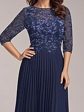 abordables Longueur du thé-Robe Mère de la Mariée A-Line Élégante Simple Décontractée Col Ronde Longue en Chiffon À Manches Mi-Longues avec Appliques Florales en Dentelle Plis de Genoux Printemps Été Robe Midi 2025