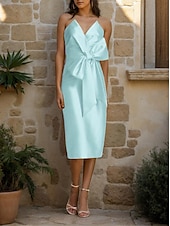 abordables Robes de cocktail-Robe cocktail fourreau  colonne robe invitée de mariage robe formelle de mariage longueur thé sans manches décolleté en V robe jaune satin avec nœud(s)