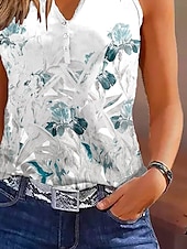 billiga Damlinnen och blusar-Kvinnors Camisole Tank Top Ombre Blommig Avslappnad Ärmlös Notched Hals Regular Topp Daglig Knapp Tryck Ljusblå Sommar