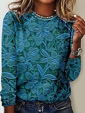 abordables T-shirt floral-Femmes T-shirt Fleuri Mode Moderne manche longue Col ras du cou Hauts Réguliers Quotidien Imprimé Noir Bleu Gris Été
