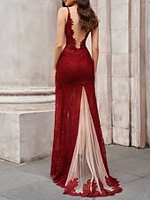 preiswerte ROT-Trompete / Meerjungfrau Abendkleider Elegant Kleid Abendgesellschaft Partykleidung Pinsel Schleppe Ärmellos V Ausschnitt Spitze Rückenlos mit Stickerei 2025