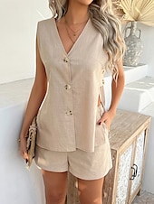 cheap Sets-Women&#039;s Active Basic Linen-Inspired Sets Two Piece Sets Vest Sleeveless V Neck Solid Color Casual Daily Black White Pink Summer Regular Fit