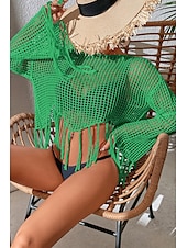 cheap Blouses &amp; Shirts-Women&#039;s Blouse Plain Modern Casual Long Sleeve Crew Neck Regular Tops Daily Holiday Going out Hollow Out Fringe Black White Green Summer