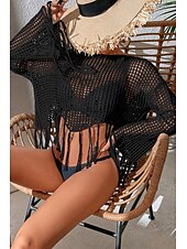 cheap Blouses &amp; Shirts-Women&#039;s Blouse Plain Modern Casual Long Sleeve Crew Neck Regular Tops Daily Holiday Going out Hollow Out Fringe Black White Green Summer