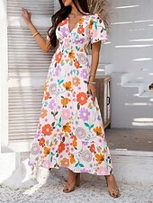 levne Umění a design šaty-Dámské maxi šaty A-line šaty vypasované a rozšířené šaty šaty s nadýchanými rukávy volnočasové dovolená denní běžné střih květinové krátký rukáv V výstřih bílé růžové fialové oranžové léto