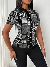 economico Top da Lavoro per Donne-Blusa Per donna Nero Bianco Rosa Giornale Fibbia Stampa Quotidiano Elegante Scollo a V Vestibilità regolare S