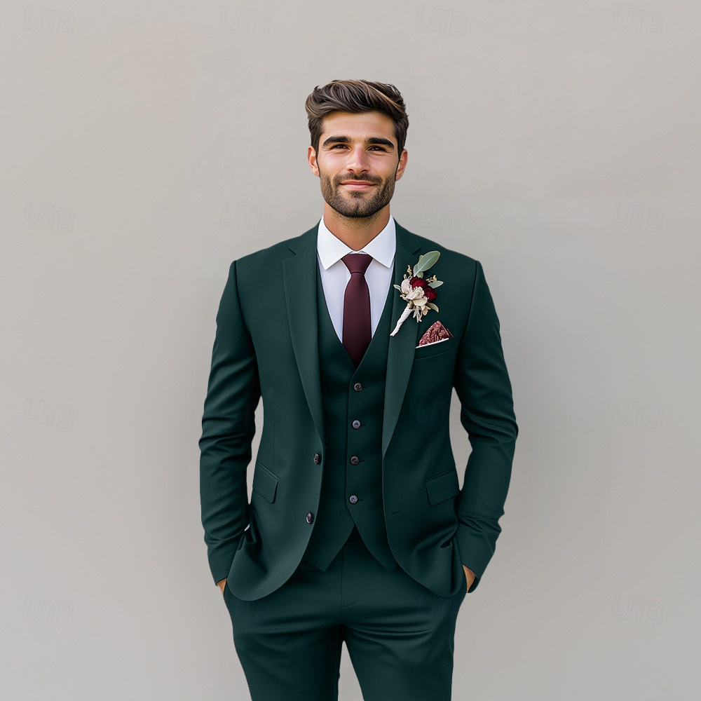 abordables Trajes de boda-Trajes de boda para hombres negro burdeos verano color sólido estándar de 3 piezas de un solo boton