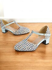 olcso 1950-es évek-női 1950-es évekbeli tweed t-pántos mary jane sarkú cipő – vintage ihletésű, alacsony sarkú cipő elegáns irodai viselethez, esküvőkhöz és különleges alkalmakra