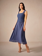 ieftine Rochii Party-Pentru femei Set de rochii Rochie A line Rochii Semi Formale Dantelă Rochii Midi Lungime Manșon 3/4 Pătrat Invitat la nunta Bleumarin Vară Primăvară Fit regulat
