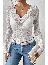preiswerte Spitzenoberteile-Damen Spitzenhemd Bluse Glatt Stilvoll Langarm V Ausschnitt Normale Oberteile Täglich Ausgehen Spitze Schwarz Weiß Wein Sommer