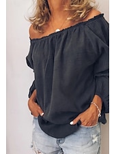 voordelige Overhemden-Dames Overhemd Linnen overhemd Katoenen linnen overhemden Effen Dagelijks Stijlvol Basic Lange mouw Schouderafhangend Normale tops Dagelijks Uitgaan Met ruches Zwart Wit blauw Lente