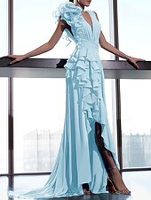 ieftine albastru-Rochie de Seară A-Line Florală Invitat la Nuntă Prom Tren Fără Mânecă V-Cu Decolteu Toamnă Rochie de Nuntă Chiffon cu Fuste Floare Shoulder