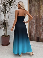 tanie Sukienki boho-Damskie Sukienka maxi Codzienne sukienki Sukienka A line Letnie sukienki Sukienka na ramiączkach Urlop Zabytkowe Etniczne Codzienny Regularny Ombre Graficzny Bez rękawów W serek Niebieski Lato Wiosna