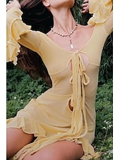 levne Boho šaty-Dámské Dlouhé šaty Maxi šaty Boho šaty Módní Dovolená Rande Jdeme ven Běžný Bez vzoru Dlouhý rukáv Do V Světle žlutá Léto