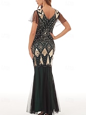 cheap Under $129.99-Sheath / Column Mother of the Bride Dress Elegant Vintage Party V Neck Floor Length Lace Tulle Short Sleeve with Beading Sequin Appliques