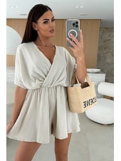 billige uformelle jumpsuits-Dame Sparkedrakter Fritid Helfarge Halvlange ermer T-skjorte V-hals Elastisk midje Høy Midje Daglig Normal Svart Hvit Rosa Sommer