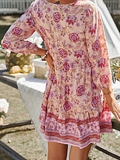 billiga Bohemklänningar-Dam Mini klänning Vardagsklänning Sommarklänning Boho-klänning Mode Utomhus Semester Dagligen Normal Blommig 3/4 ärm V-hals Gul Rodnande Rosa Blå Grön Sommar