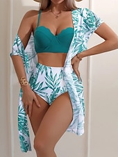 billiga Bikiniset-Kvinnors Baddräkter Bikini Tre Delad Troser Baddräkt Rygglös Mage Kontroll Hög Midja Slim Semester Strandkläder Löv V Nack Långärmad Baddräkter