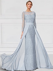 preiswerte Bodenlänge-Kleid  Säulen-Kleid Brautmutter Kleid Elegantes Bateau-Ausschnitt Bodenlang Chiffon Spitze Lange Ärmel mit Spitze Einfarbig