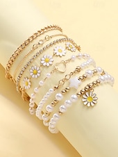 cheap Women&#039;s Bracelet-&quot;Boho Daisy Pearl Bracelet Set for Women – Gold Chain &amp; Beaded Layered Bracelets, Cute Floral Jewelry for Summer, Beach, Festivals and Casual Wear&quot;