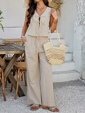 cheap Sets-Women&#039;s Active Basic Linen-Inspired Sets Two Piece Sets Vest Sleeveless V Neck Solid Color Lace up Casual Daily White Wine Dark Navy Summer Regular Fit