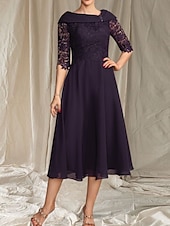 preiswerte Teelänge-A-Linie Brautmutterkleid Hochzeitsgast Elegante gewellte Ausschnitt Tee-Länge Chiffon Spitze Halbarm mit Spitze Perlen Midi Kleid 2025