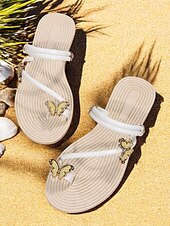 cheap Vacation Sandals-&quot;Women&#039;s Butterfly Sandals – Elegant Gold Strappy Flat Sandals with Rhinestone Accents, Comfortable Beach Flip-Flops for Summer, Vacation and Casual Wear&quot;