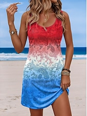 preiswerte Humor &amp; Zitate Kleider-Damen Patriotisch Veteran Mini Kleid A-Linie Kleid Sommer Kleid Off-Shoulder Kleid Urlaub Lässig Täglicher Lockere Passform Grafik Flagge Ärmellos U-Hals Blau Sommer