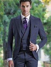 abordables Costumes semi-formels-Costumes de mariage d&#039;affaires pour hommes costumes de retour à la maison noir bleu mode formelle rayée coupe standard 3 pièces à boutonnière simple deux boutons