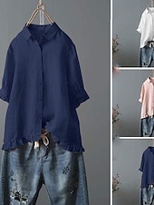 economico Camicie-Per donna Camicia Blusa Camicie di cotone e lino Semplice Essenziale Moderno Manica Corta Colletto a Camicia Top Regolari Quotidiano Ferie Uscire Bottoni Bianco Giallo Rosa Blu marino Azzurro Estate