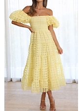 cheap Vacation Dresses-Women&#039;s Midi Dress Graduation Dress Fashion Modern Lantern Sleeve Vacation Graduation Weekend Regular Fit Plain Short Sleeve Off Shoulder Black White Yellow Pink Summer