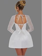 Недорогие Маленькие белые платья-А-силуэт Короткое мини Свадебные платья Платья для свадебного душа Свадебное платье Маленькие белые платья Длинный рукав Квадратный вырез градация День рождения Сатин Кружева с Жемчужная отделка Узор