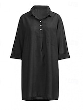economico disegnare abiti in cotone e lino-Per donna Mini Abito Abiti ispirati al lino Abito in cotone e lino Classico Quotidiano Ferie Uscire Vestibilità regolare Semplice Manica 3/4 Colletto a Camicia Nero Verde Cachi Grigio Estate