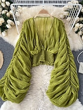billiga Dressiga toppar-Dam Blus Chiffong toppar Slät Stylish Långärmad Puffärm V-hals Crop Tops Helgdag Utekväll Rynkad Svart Vit Purpur Grön Vår