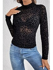 billige Sexy topper for kvinner-Dame Skjorte Bluse Leopard Stilfull Moderne Langermet Høyhalset Vanlige topper Daglig Ferie Netting Svart Sommer