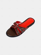 abordables Sandalias de Vestir-Sandalias planas para mujer en beige y rojo con tiras anudadas: zapatos casuales para el día a día y para citas de verano.