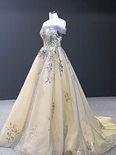 economico Abiti Lunghi &amp; Gowns-Abiti da sposa Abito da ballo Senza Spalle Senza Maniche Strascico a Terra Raso Abiti da sposa Con Pieghe Applicazioni 2025