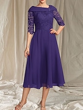 preiswerte Teelänge-A-Linie Brautmutterkleid Hochzeitsgast Elegante gewellte Ausschnitt Tee-Länge Chiffon Spitze Halbarm mit Spitze Perlen Midi Kleid 2025