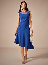 abordables vestidos de fiesta de diseño-Mujer Vestido Midi Vestido de Punto Elegante Fiesta Cita Ajuste regular Color sólido Sin Mangas Cuello Barco Azul Real Verano