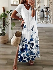 tanie Sukienki kwiatowe-Sukienka damska maxi sukienka w kształcie litery A sukienka letnia elegancka wakacyjna casual codzienna regularny krój ombre kwiatowy graficzny krótki rękaw dekolt w serek niebieska lato wiosna jesień